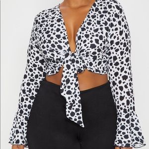 PLT-White Dalmatian Print Tie Front Full Sleeve Blouse-US 20-White/Black